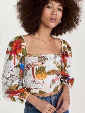 NWT Farm Rio White Forest Birds White Lace & Tropical Print Square-Neck Blouse